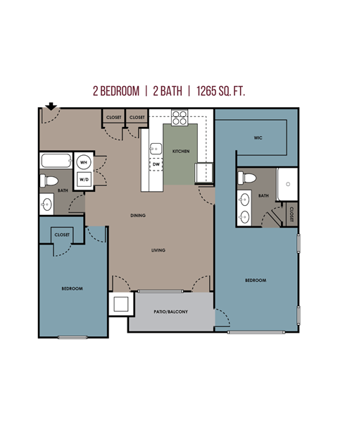 Floor plan for 2 beds, 2 baths, 1460 sqft